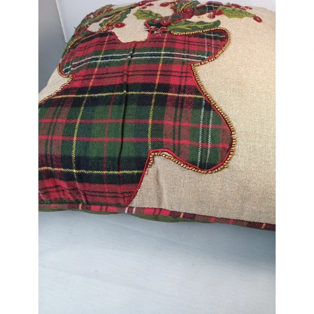 Pier 1 Imports Christmas Holiday Plaid and Beaded Reindeer Pillow 18